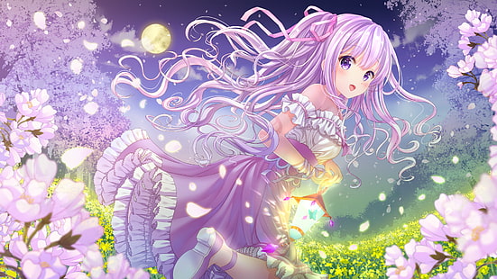 anime, anime girls, cheveux violets, fleurs, yeux violets, robe, nature, cheveux longs, ruban, Fond d'écran HD HD wallpaper