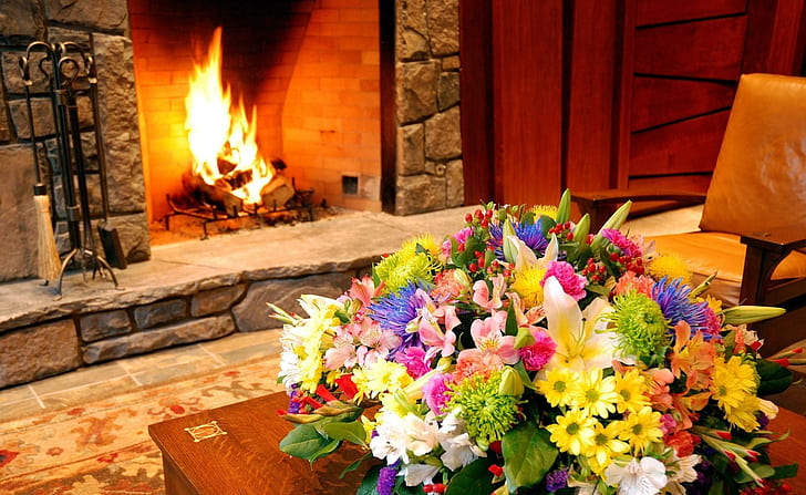 ***暖炉のロマンティックな雰囲気***、pokoj、natura、kwiaty、kominek、自然と風景、 HDデスクトップの壁紙