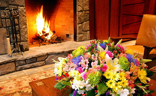 *** The Romantic Atmosphere Of The Fireplace ***, pokoj, natura, kwiaty, kominek, nature and landscapes, HD wallpaper HD wallpaper