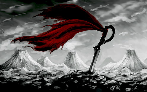 меч с анимиран тапет с червен шал, Kill la Kill, селективно оцветяване, фентъзи изкуство, аниме, HD тапет HD wallpaper