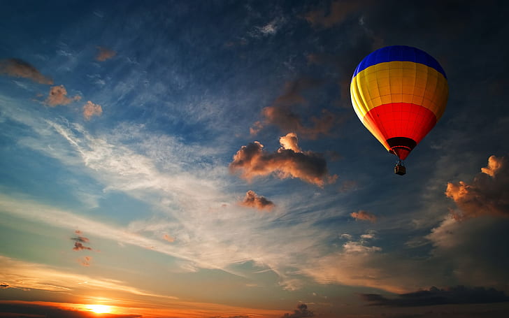 the sky, color, the sun, clouds, light, blue, yellow, red, balloon, balloons, the wind, romance, sport, heaven, height, the evening, adrenaline, sunset, widescreen s, widescreen pictures, air bubbles, HD wallpaper
