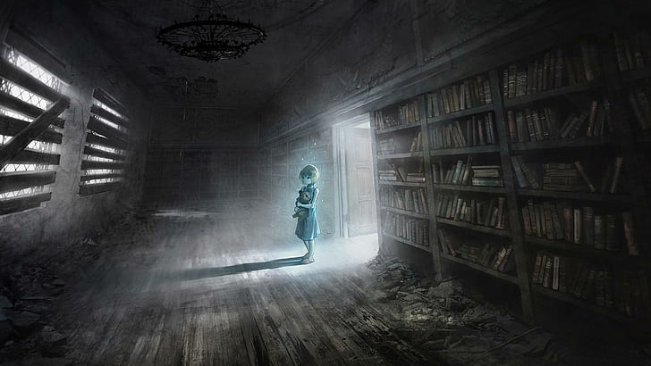 Аниме девушка в заброшенной библиотеке, коричневые книжные полки, аниме, 1920x1080, книга, женщина, библиотека, HD обои