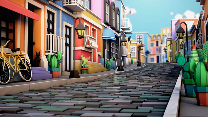 ilustración de casas de colores variados, ilustración, Cinema 4D, plaza de la ciudad, casa, cactus, Fondo de pantalla HD