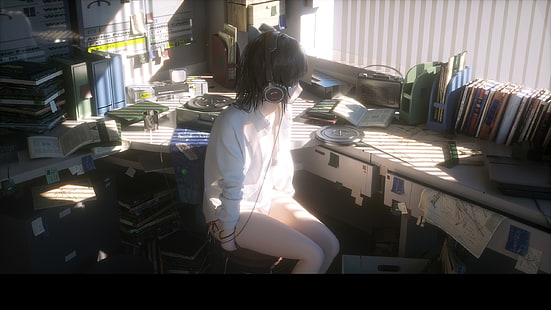 women's white dress shirt, anime girls, novelance, cropped, headsets, desk, books, 3D, HD wallpaper HD wallpaper