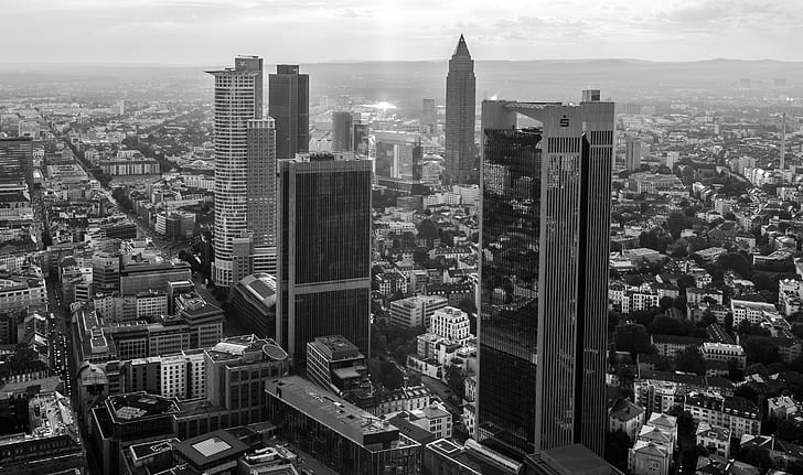 greyscale of concrete buildings, light, greyscale, concrete, buildings, Frankfurt, skyline, architecture, urban, city, cityscape, urban Skyline, skyscraper, black And White, urban Scene, famous Place, downtown District, aerial View, building Exterior, built Structure, new York City, uSA, office Building, tower, HD wallpaper
