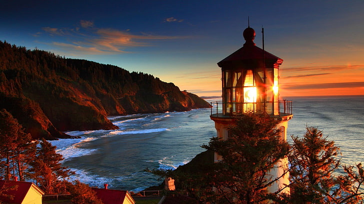 lighthouse near ocean during golden hour, sunset, lighthouse, cliff, landscape, Heceta Head Light, Oregon, USA, HD wallpaper