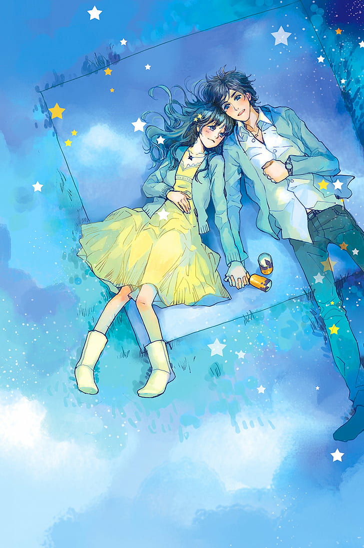 anime, blue, boy, couple, cute, dress, love, picnic, pretty, romantic, sky, stars, yellow, HD wallpaper