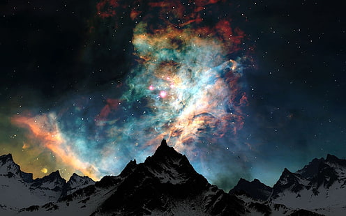 glacier mountain, space, stars, nebula, galaxy, mountains, snowy peak, space art, Earth, atmosphere, clouds, HD wallpaper HD wallpaper