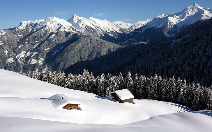 бело-голубая надувная лодка, пейзаж, горы, лес, снег, природа, зима, HD обои