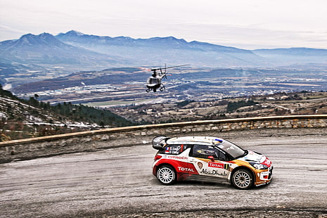Road, Sport, Machine, Helicopter, Citroen, DS3, WRC, Rally, Sebastien Loeb, HD wallpaper HD wallpaper