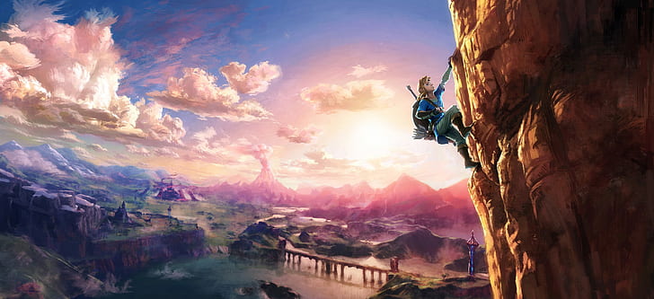 The Legend of Zelda, The Legend of Zelda: Breath of the Wild, botw, karya seni, Hyrule, Link, mendaki, tebing, pegunungan, matahari terbenam, Wallpaper HD