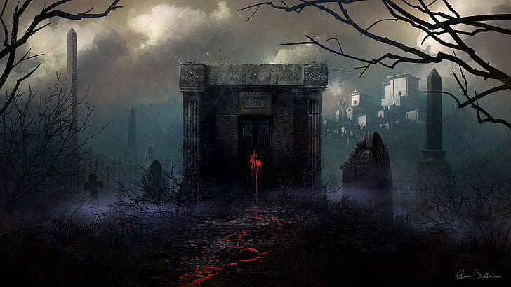 Mausoléu cemitério lápides Halloween HD, fantasia, dia das bruxas, cemitério, lápides, mausoléu, HD papel de parede