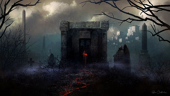 Mausoléu cemitério lápides Halloween HD, fantasia, dia das bruxas, cemitério, lápides, mausoléu, HD papel de parede HD wallpaper