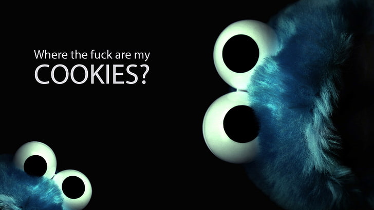 Cookie Monster, Typografie, Humor, fiktive Kreaturen, dunkler Hintergrund, HD-Hintergrundbild