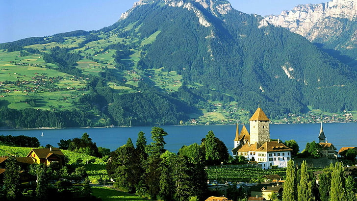 планинско село, природа, планински пейзаж, замък Шпиц, езеро, езеро Тун, планинска верига, планина, небе, Швейцария, Алпи, Европа, Тунерзее, исторически, HD тапет