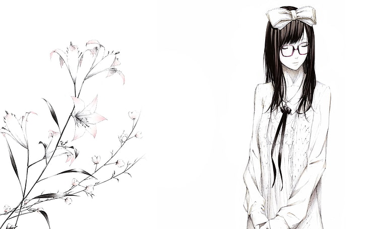 woman in white dress sketch, flowers, figure, Lily, Girl, glasses, bow, art, Sawasawa, HD wallpaper