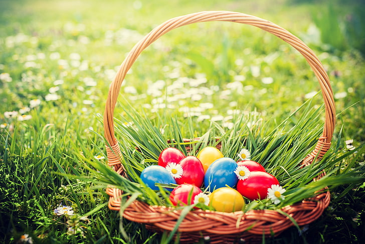 grass, flowers, basket, Easter, spring, eggs, decoration, Happy, the painted eggs, HD wallpaper