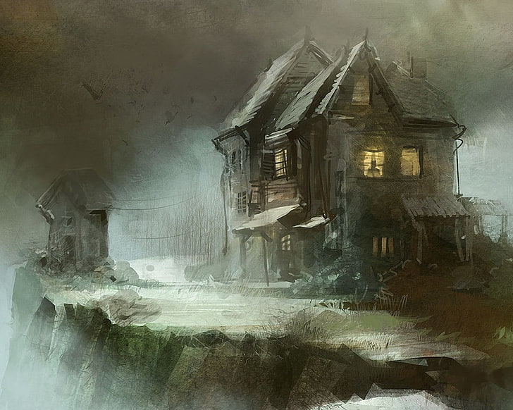 gray house painting, fantasy art, spooky, house, HD wallpaper