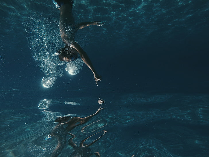lunettes de plongée noires, sous l'eau, bulles, nature, Fond d'écran HD