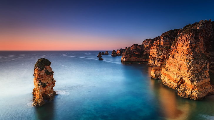 portugal, lagos, ponta da piedade, waterscape, sky, evening, europe, cliff, rocky, HD wallpaper