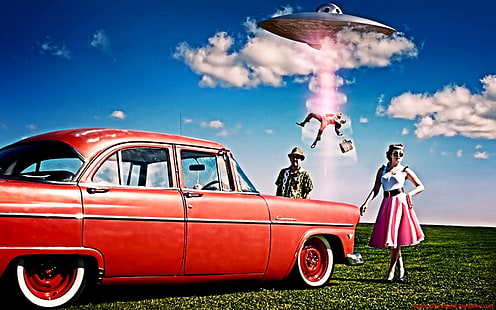 클래식 레드 세단, 자동차, UFO, 빨간 자동차, 구름, 디지털 아트, Oldtimer, 차량, HD 배경 화면 HD wallpaper