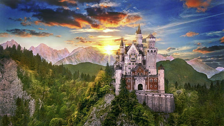долина Хоэншвангау, Европа, Бавария, Германия, природа, дерево, здание, лес, пейзаж, облако, замок, горный хребет, исторический, туристическая достопримечательность, гора пейзаж, гора, горные рельефы, ориентир, небо, замок Нойшванштайн, HD обои