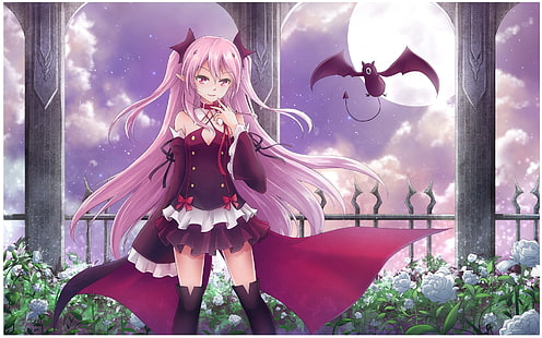 personagem de anime feminina, noite, rosas, meias, vampiro, morcego, lua cheia, cabelo rosa, Krul Tepes, Owari no Seraph, os últimos serafins, HD papel de parede HD wallpaper