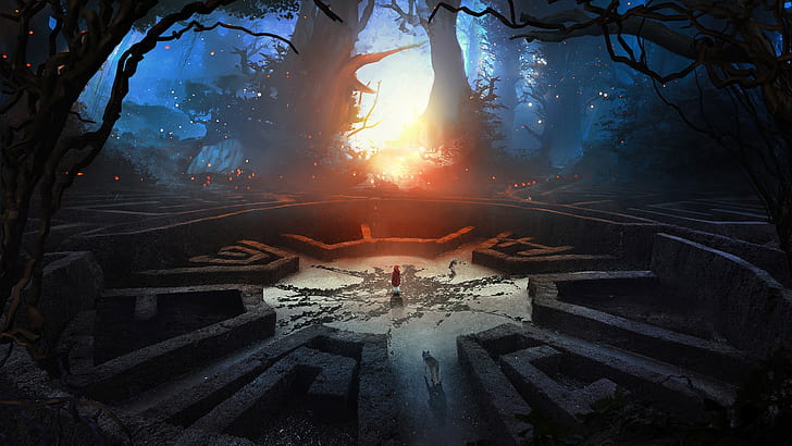 2560x1440 px 3D Abstracto abstracto Cape digital art fantasy Art forest Hood Labyrinth Little Red Ridi Art Dress HD Art, Abstract, forest, digital art, wolf, fantasy art, cape, Little Red Riding Hood, labyrinth, hood, 2560x1440 px, 3D Abstract, Fondo de pantalla HD
