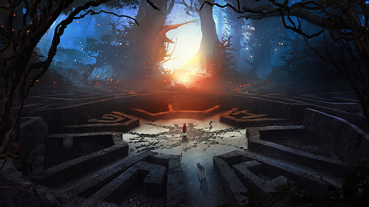 bare trees wallpaper, 3D Abstract, abstract, labyrinth, digital art, forest, fantasy art, wolf, cape, hood, Little Red Riding Hood, HD wallpaper