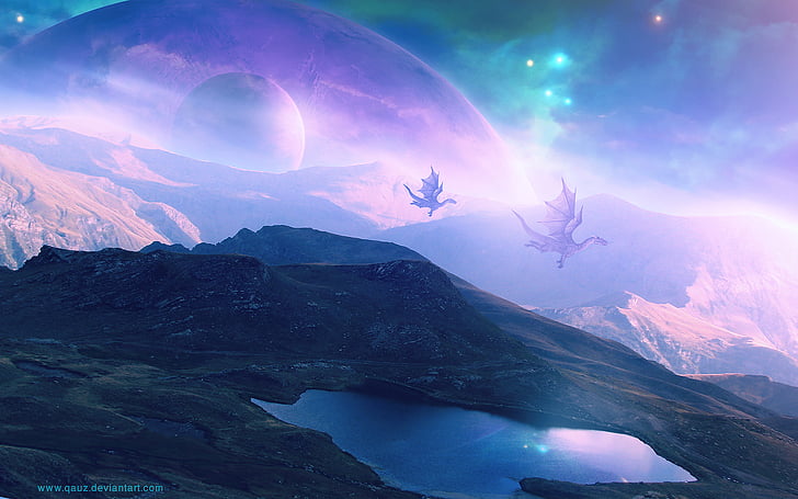 dragon, fantasy, landscape, planets, purple, HD wallpaper