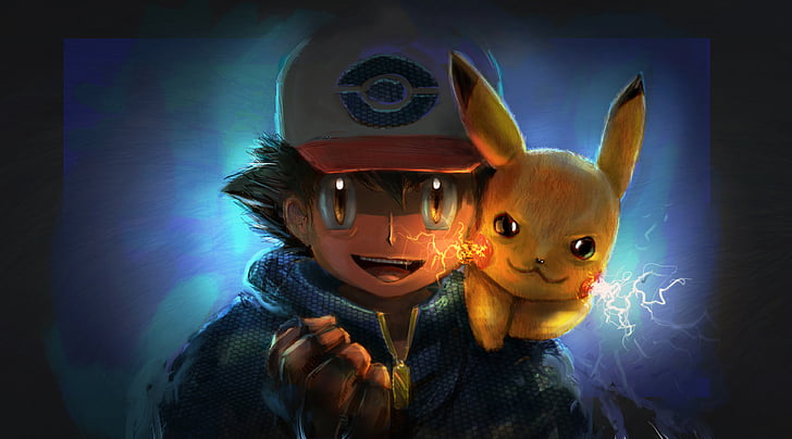 ภาพประกอบ Pikachu และ Ash, Ash Ketchum, Pikachu, Pokémon, Artwork, วอลล์เปเปอร์ HD