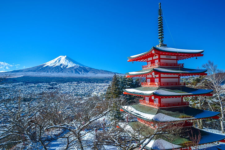 白と赤の寺院、冬、山、火山、日本、富士、パノラマ、パゴダ、富士山、忠霊塔、富士吉田、 HDデスクトップの壁紙