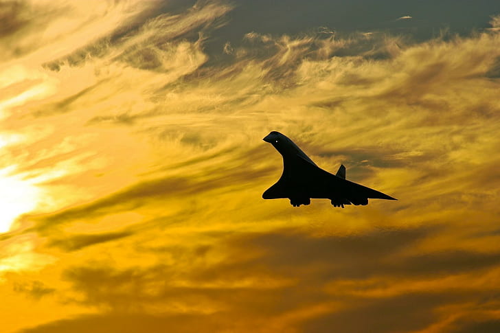 Concorde, aircraft, sky, jets, silhouette, clouds, flying, photography, sunlight, HD wallpaper