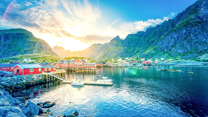 alam, langit, lofoten, norwegia, desa nelayan, fjord, desa, eropa, gunung, Wallpaper HD
