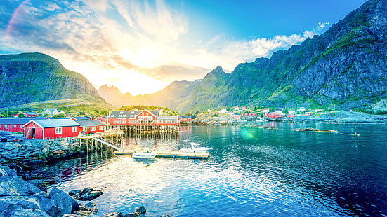 alam, langit, lofoten, norwegia, desa nelayan, fjord, desa, eropa, gunung, Wallpaper HD HD wallpaper