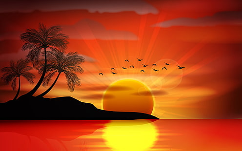 غروب الشمس البحر الجنة جزيرة النخيل الاستوائية صورة ظلية الطيور البحر غروب الشمس خلفية HD، خلفية HD HD wallpaper