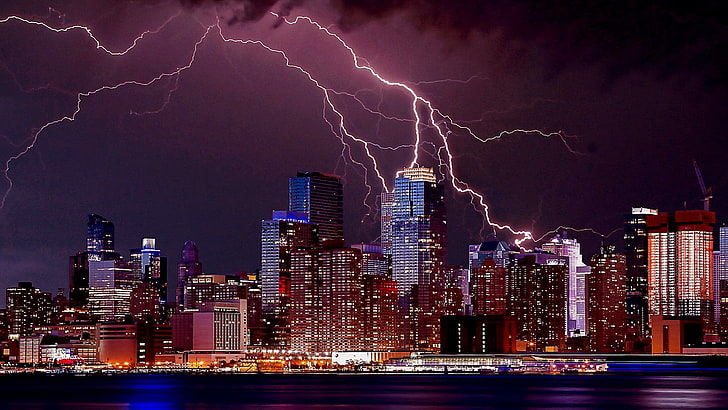 cityscape, lightning, city, metropolis, skyline, new york city, skyscraper, united states, new york, thunderstorm, thunder, night, downtown, darkness, stormy weather, bad weather, HD wallpaper