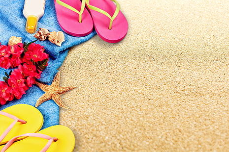 песок, пляж, лето, отдых, полотенце, ракушка, отпуск, сланцы, HD обои HD wallpaper