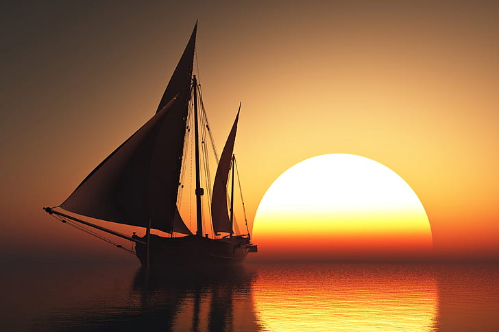 Pojazdy, żaglowiec, łódź, ocean, żeglarstwo, morze, słońce, zachód słońca, jacht, Tapety HD