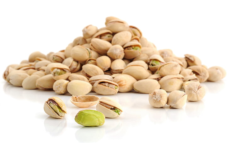 pistachio nuts, white background, nuts, a lot, delicious, pistachios, HD wallpaper