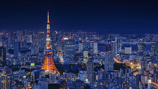 Tokio, Tokyo Tower, pejzaż miejski, światła miasta, panorama, Tapety HD HD wallpaper