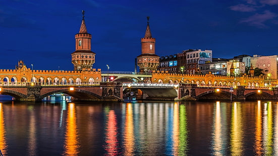 Berlin, Germany, city, river, bridge, houses, lights, night, Berlin, Germany, City, River, Bridge, Houses, Lights, Night, HD wallpaper HD wallpaper