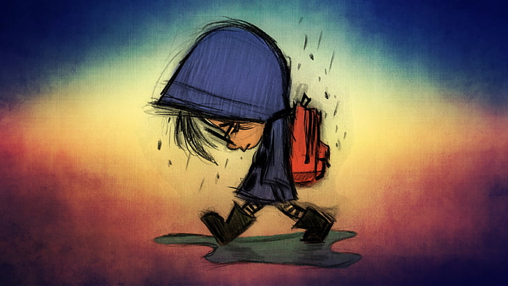 anak-anak, biru, sedih, hujan, kartun, merah, Wallpaper HD