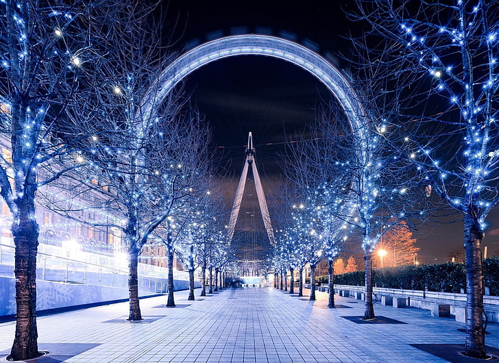 blue string lights, london eye, ferris wheel, london, winter, beautiful, HD wallpaper