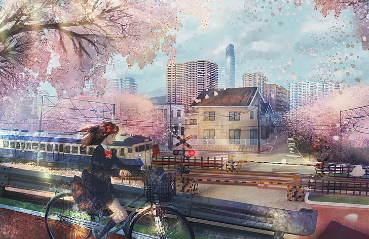 Аниме, оригинал, велосипед, черешов цвят, град, момиче, железопътна линия, улица, HD тапет
