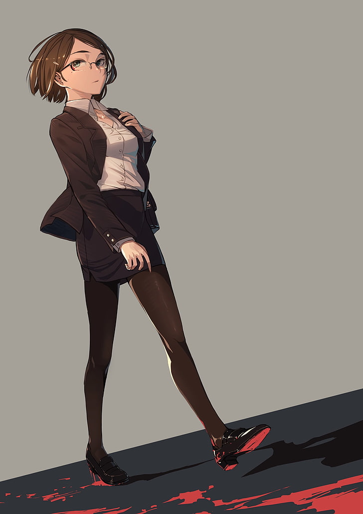 Anime, Anime Girls, Business-Anzug, Rock, kurze Haare, Brünette, Brille, Meganekko, HD-Hintergrundbild, Handy-Hintergrundbild