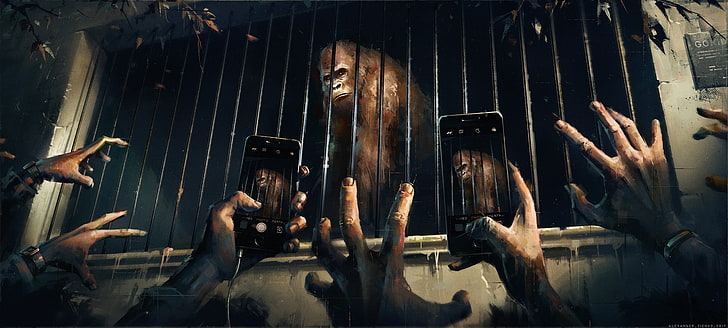 Alexander Zienko, gorilas, manos, teléfono inteligente, cárcel, pintura, Fondo de pantalla HD