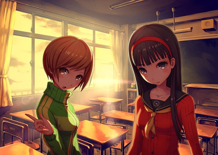Persona series, Persona 4, video games, anime girls, Satonaka Chie, Amagi Yukiko, classroom, HD wallpaper