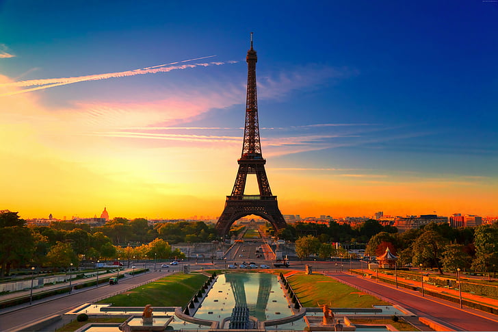 Эйфелева башня в окружении деревьев, Эйфелева башня, Париж, Франция, 4K, 8K, HD обои
