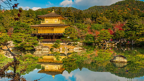 autunno, stagno, riflessione, Giappone, giardino, tempio, Kyoto, padiglione d'oro, stagno a spo, stagno Kyoko-chi, tempio Kinkaku-JI, lo stagno è Kyoko-Chi, tempio Kinkaku-ji, Sfondo HD HD wallpaper
